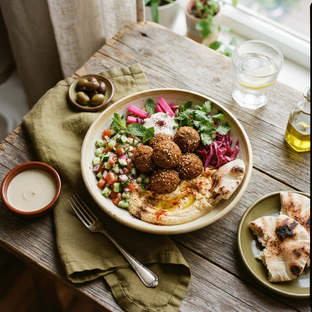 Falafel bowl with hummus, salad and herbs