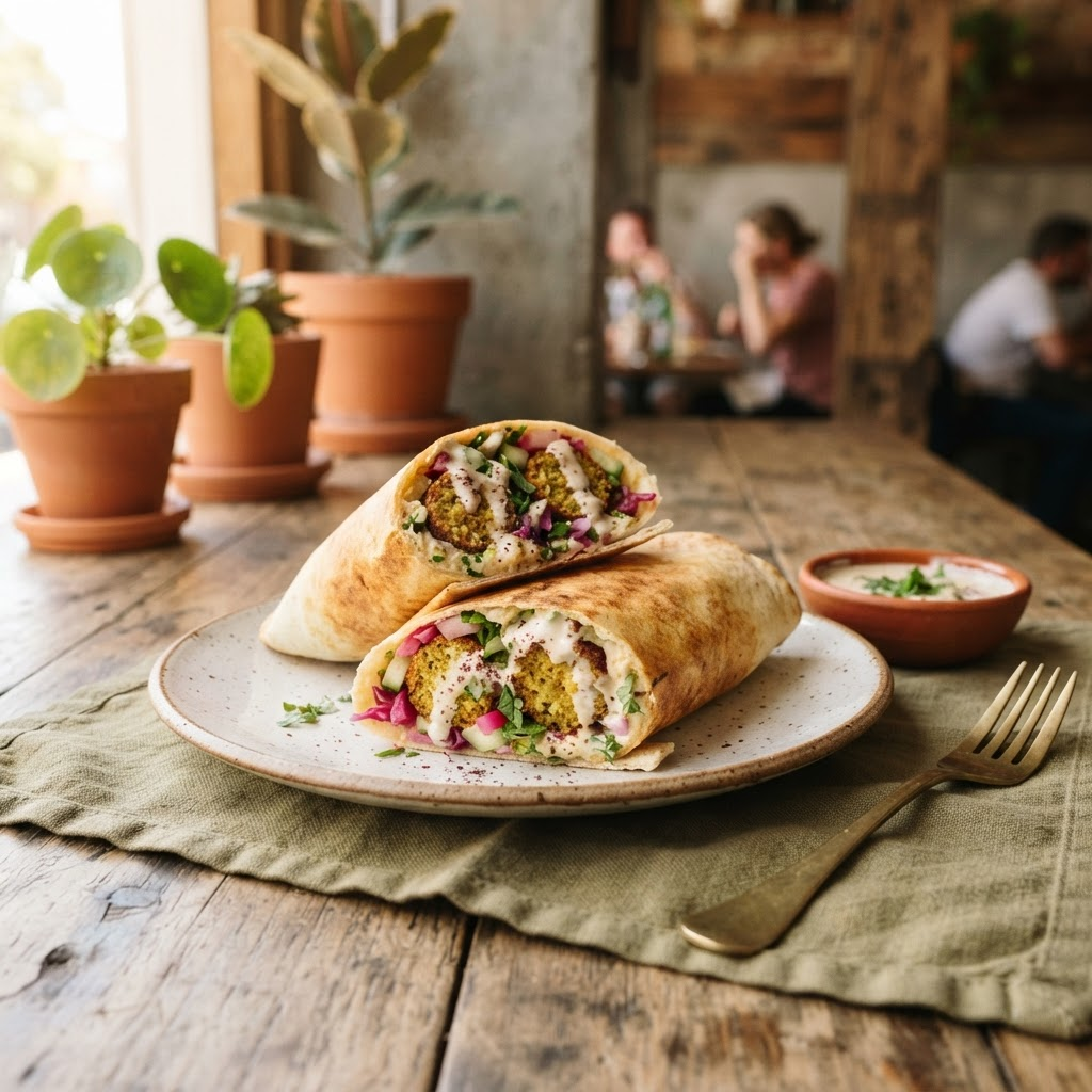 Falafel wrap with fresh herbs and pickled vegetables
