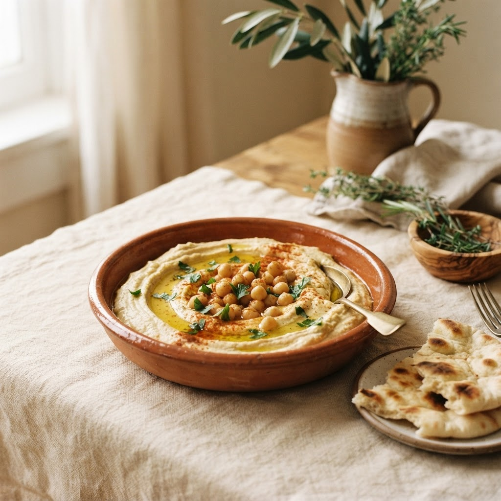 Hummus with olive oil, chickpeas and warm flatbread